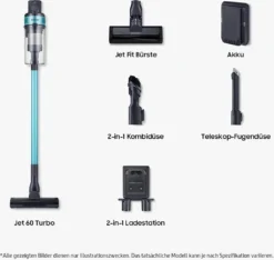 Samsung Jet 60 Turbo VS15A6031R1/EG, Akku-Handstaubsauger, Kabellos & Beutellos, Teal Mint, 410 W, 0.8 Liters, 86 Dezibel -Rowesc Verkaufe 20486cf63ff4c9ab2c4883f0eec228b8