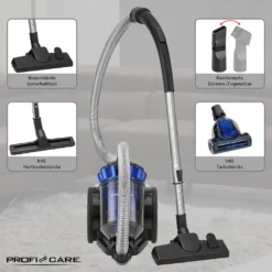 ProfiCare Bodenstaubsauger PC-BS 3040, Eco-Cyclon Twin-Spin Bodenstaubsauger, Beutellose Filtertechnik, 4-Fach Mikrofiltersystem, HEPA-Filter, Edelstahl-Teleskoprohr (höhenverstellbar), Extra Großer Aktionsradius (8,3 M), 700 Watt, Blau-schwarz -Rowesc Verkaufe 602c009c56bd7487fda872688065591f