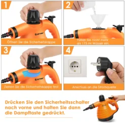COSTWAY Dampfreiniger Inkl. 9 Zubehör, Handdampfreiniger, Dampfreinigen Handgerät 3 Bar / 250ml / 1050W / 4min Aufheizzeit/für Teppiche, Vorhänge, Autositze, Küche (Orange) -Rowesc Verkaufe ab6b72575a02a7bb3d09a5f17951ac61