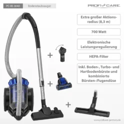 ProfiCare Bodenstaubsauger PC-BS 3040, Eco-Cyclon Twin-Spin Bodenstaubsauger, Beutellose Filtertechnik, 4-Fach Mikrofiltersystem, HEPA-Filter, Edelstahl-Teleskoprohr (höhenverstellbar), Extra Großer Aktionsradius (8,3 M), 700 Watt, Blau-schwarz -Rowesc Verkaufe c8e493a469ea25c2d0e61ba2ce34908f